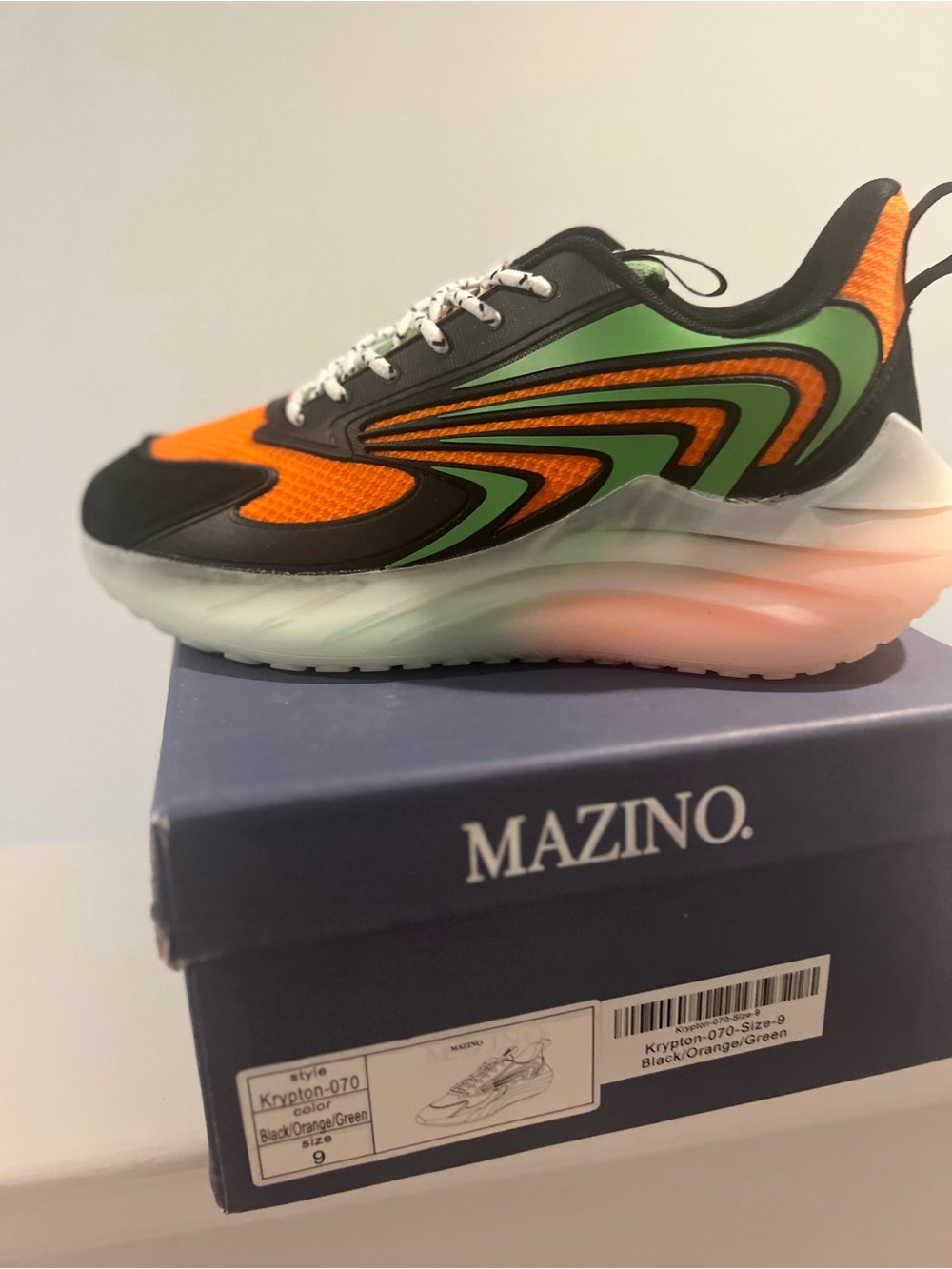 Mazino Krypton-070 Black Orange Green Athletic Sneaker Men’s Size 9